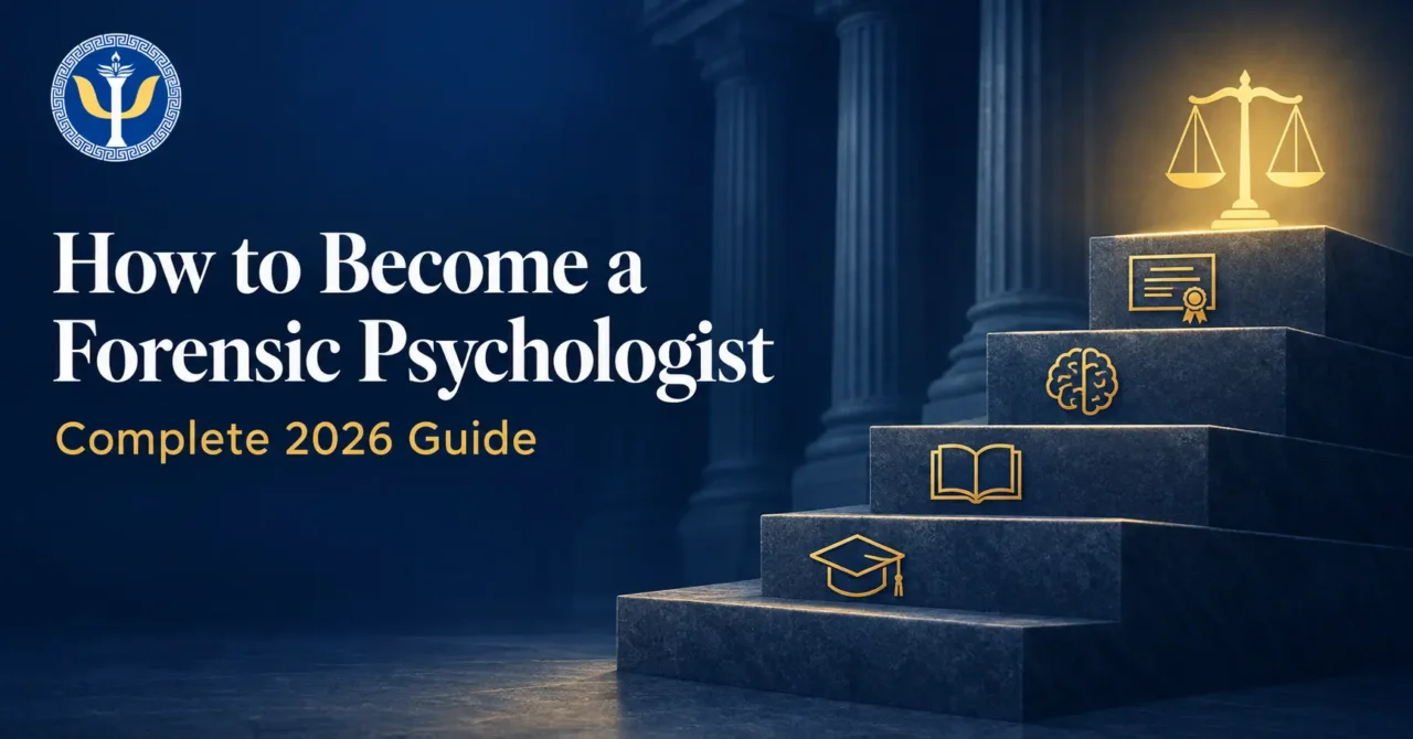 Student studying how to become a forensic psychologist with law books and a laptop