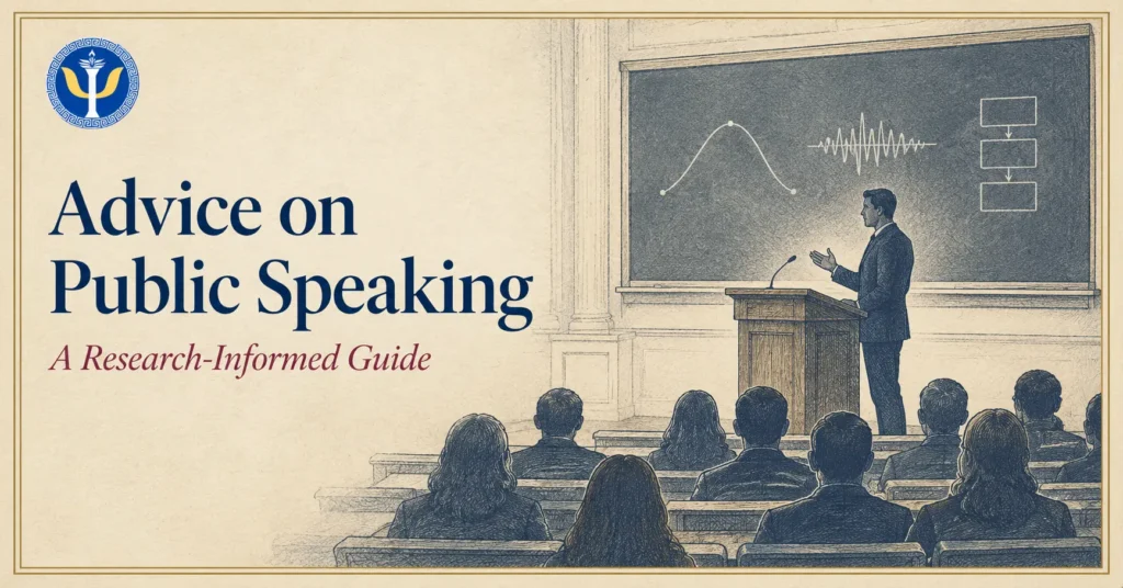 Speaker giving advice on public speaking at a lectern in a university lecture hall